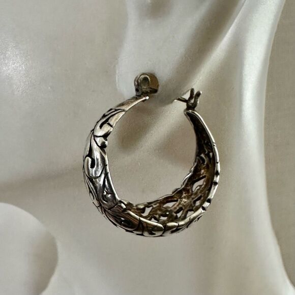 Vintage Sterling Silver Ornate Scroll Hoop Earrings - Picture 1 of 7